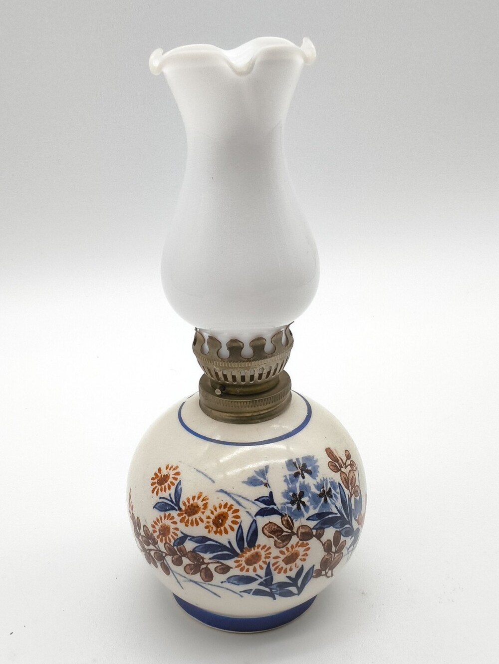 Vintage Miniature Floral Ceramic Oil Lamp With Milk Glass Chimney